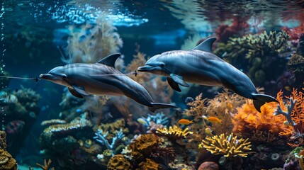 Two dolphins fencing underwater, gracefully wielding fencing swords with their fins, surrounded by vibrant coral reefs and colorful marine life