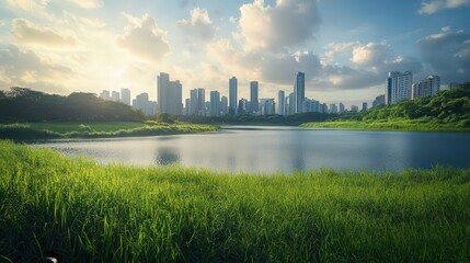city skyline viewed across a river, with lush, green grass fields in the foreground.