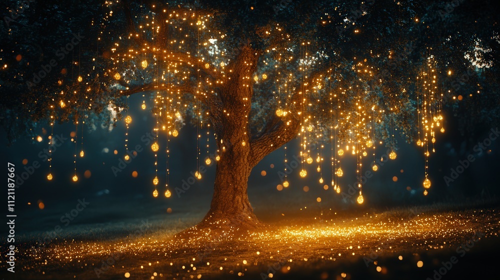 Poster tree with sparkling lights hanging beneath, casting a magical glow on the surrounding ground,