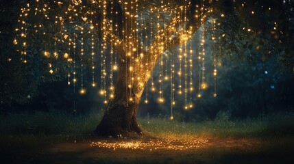 tree with sparkling lights hanging beneath, casting a magical glow on the surrounding ground,