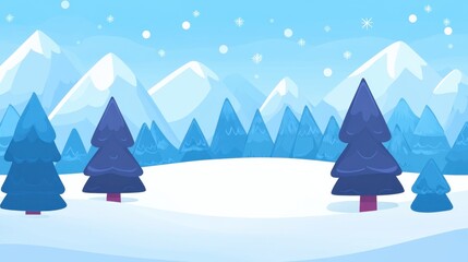 Fototapeta premium Winter Landscape with Snowy Mountains and Pine Trees in Blue Sky