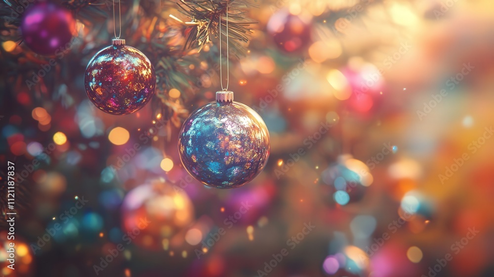 Poster a festive image of colorful christmas balls hanging on a tree, with the background blurred into a wa