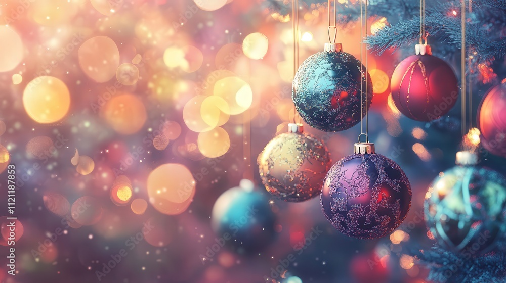 Poster a festive image of colorful christmas balls hanging on a tree, with the background blurred into a wa