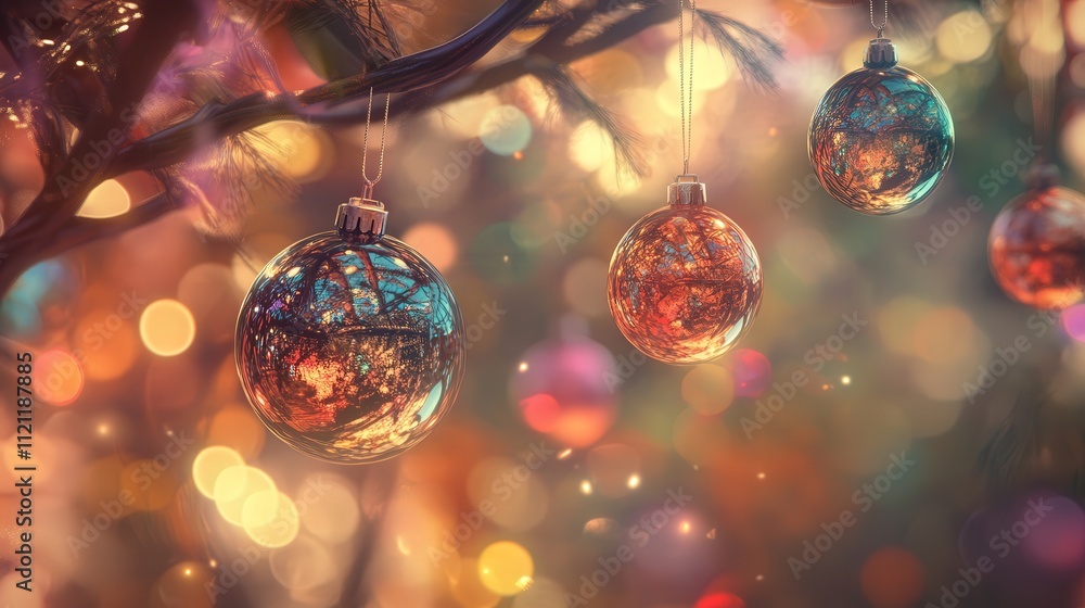 Poster a festive image of colorful christmas balls hanging on a tree, with the background blurred into a wa
