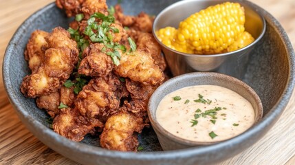Crispy Fried Food with Corn and Dipping Sauce in Rustic Bowl
