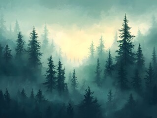 A misty forest landscape featuring tall trees shrouded in fog under a cloudy sky
