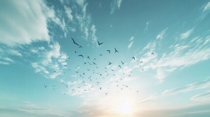 Fototapeta premium A flock of birds soaring gracefully against a vibrant blue sky, with soft, wispy clouds stretching across the horizon,