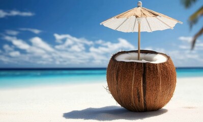 ビーチでリラックスするココナッツドリンクと青い海の美しい風景