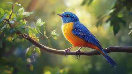 Obraz premium A brilliant bird with vivid feathers of blue, yellow, and orange perches on a high branch in the forest.