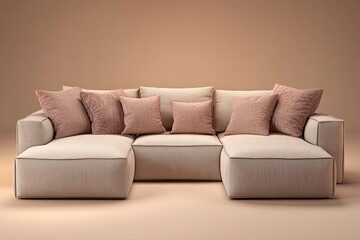 Modern structure modular sofa fabric upholstery neutral tones warm gradient background realistic render luxury appeal