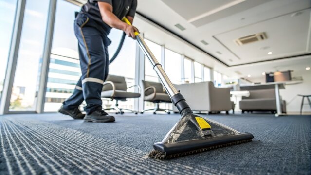 A person vacuuming carpet in a modern office space.