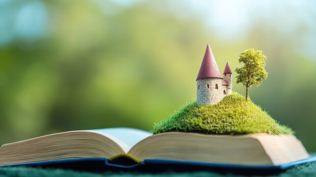 Enchanted Castle Model on Open Book Surrounded by Green Landscape - Powered by Adobe