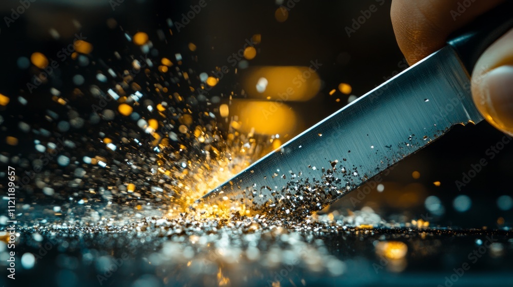 Poster battery replacement maintenance. a close-up of a knife creating sparks while cutting, emphasizing pr