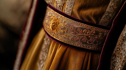 Close-up of a golden embroidered belt on a velvet Moroccan kaftan, showcased in sharp focus against a plain cream background, warm ambient light