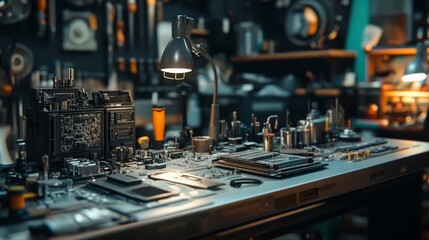 battery replacement maintenance. A detailed workspace featuring various tools and components for electronic repair or assembly.