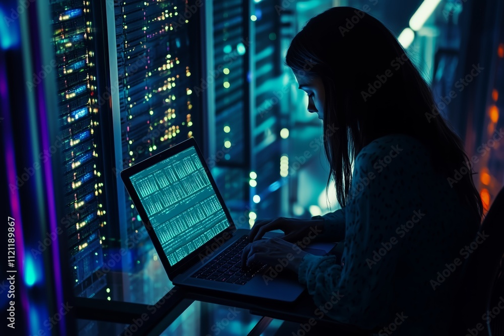 Poster computer technician analyzing laptop with backdrop of server room and data center
