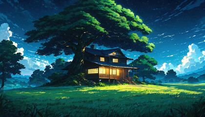 A beautiful and peaceful treehouse Anime Illustration Wallpaper in a Painting Style - Beautiful Landscape