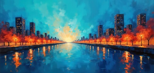 Colorful city landscape with calm river. Tall buildings line river reflecting glowy sunrise colors. Trees with bright orange leaves along riverbank. Streetlights add warm glow to scene. Serene