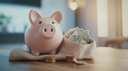 Piggy Bank with Dollar Bills and Coins on Wooden Table Surface