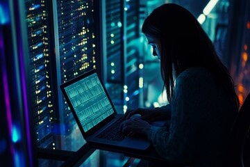 Computer technician analyzing laptop with backdrop of server room and data center