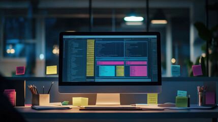 Modern Workspace with Computer, Code, and Sticky Notes at Night