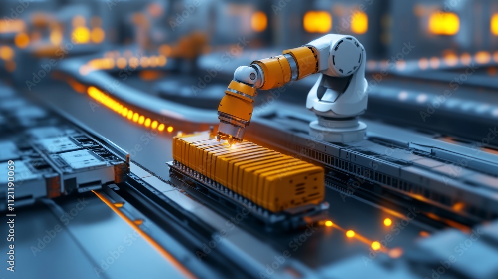 Poster battery replacement maintenance. a robotic arm efficiently handling cargo containers in a modern ind