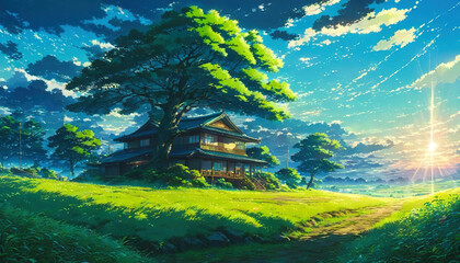 A beautiful and peaceful treehouse Anime Illustration Wallpaper in a Painting Style - Beautiful Landscape