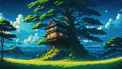 A beautiful and peaceful treehouse Anime Illustration Wallpaper in a Painting Style - Beautiful Landscape