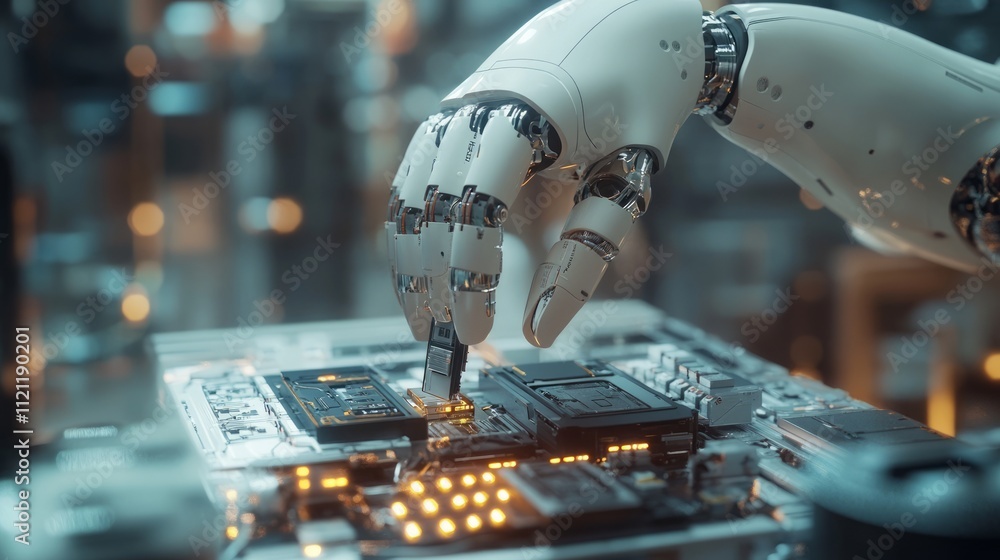 Poster battery replacement maintenance. a robotic hand interacts with a circuit board, showcasing advanced 