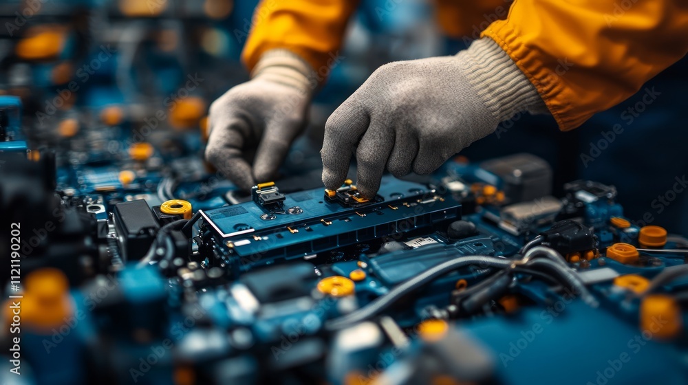 Poster battery replacement maintenance. a technician assembles electronic components on a circuit board in 