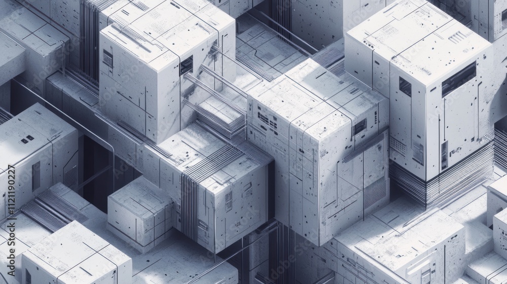 Poster abstract futuristic white cubes and geometric shapes forming a complex structure.