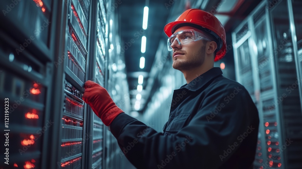 Poster battery replacement maintenance. a technician in a hard hat works on a server in a data center.