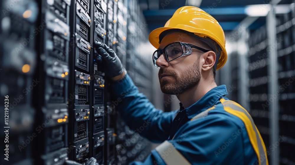 Poster battery replacement maintenance. a technician in a hard hat works on a server rack in a data center.