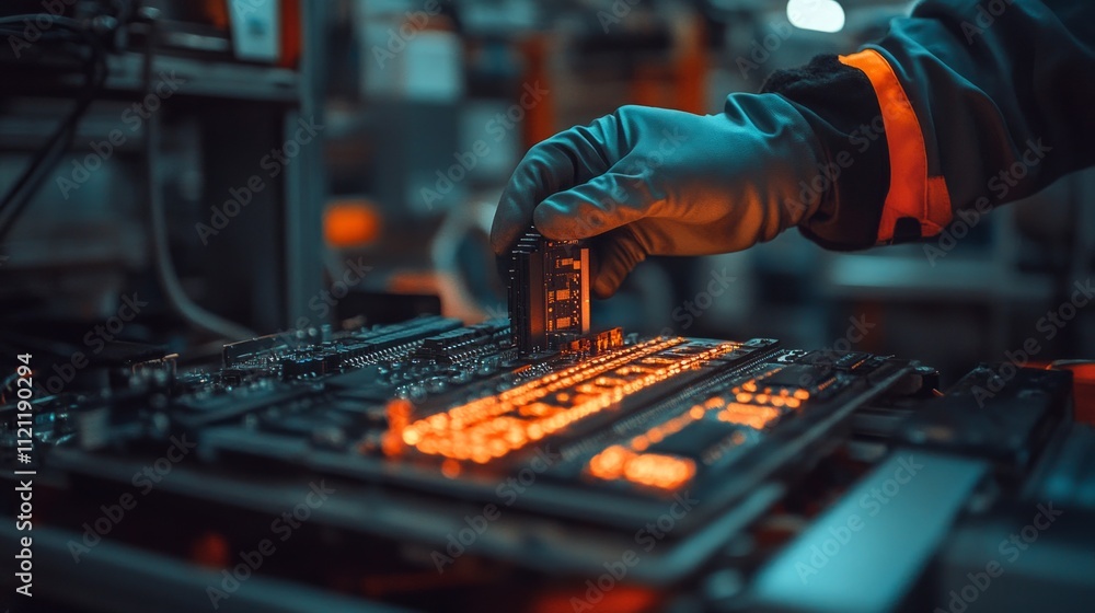 Aufkleber battery replacement maintenance. a technician installs a circuit board in a high-tech environment, e