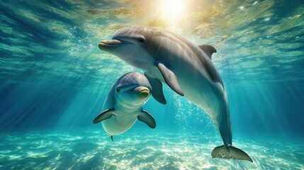 Fototapeta premium A heartwarming underwater 4K shot of a mother dolphin nudging her calf upward toward the surface, the sunlight glimmering above