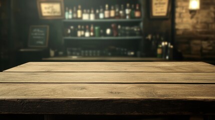 Rustic Wooden Table in Front of Bar with Bottles and Shelves
