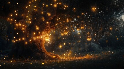 Naklejka premium decorative lights sparkling under a tree, their warm light illuminating the surroundings with a festive, cozy glow that feels inviting and magical