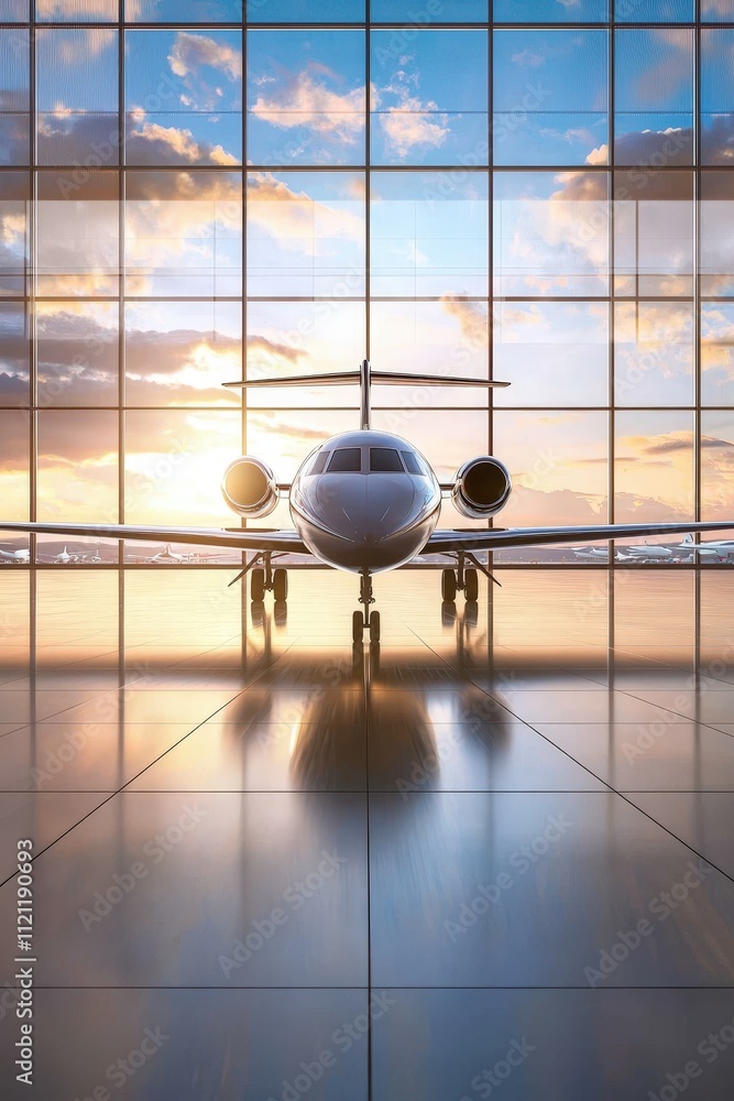 Poster a private jet contrasted with a crowded airport terminal.