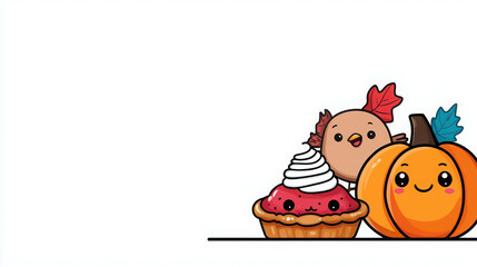 Cute Cartoon Characters with Pumpkin, Pie, and Fall Leaves in Background