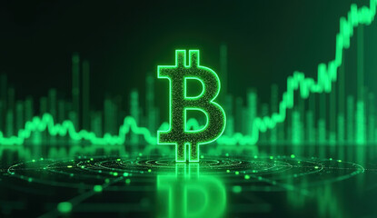 Letter B. Bitcoin with light green chart pattern Background