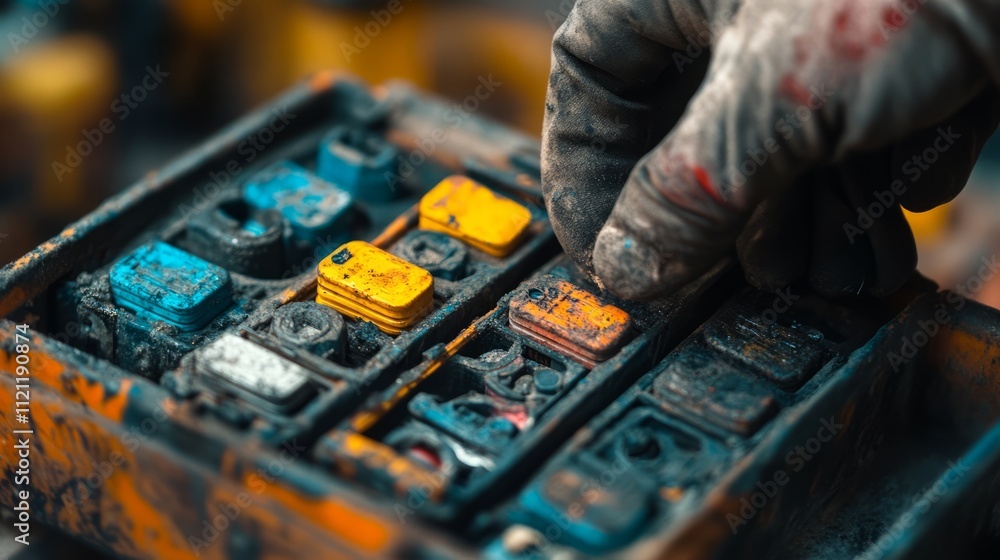 Aufkleber a close-up of a hand operating a weathered control panel with colorful buttons in an industrial sett