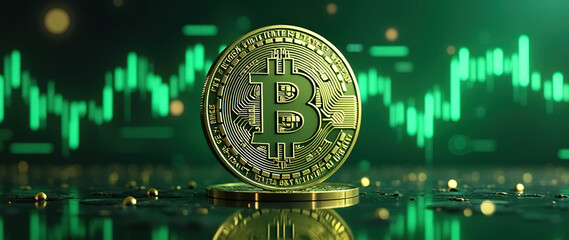 Green Bitcoin Financial Market Chart with Green Bars and Lights. Bullish or Up Trend Market Chart Background