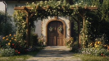 Fototapeta premium country house entrance with a handcrafted wooden arbor adorned with seasonal flowers and greenery