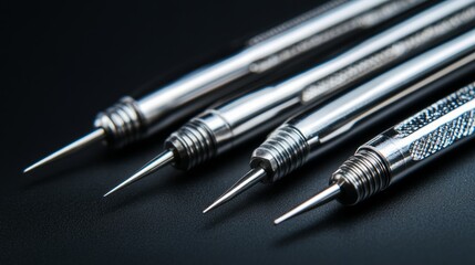 A close-up of four metallic precision tools with pointed tips, likely used for detailed work.