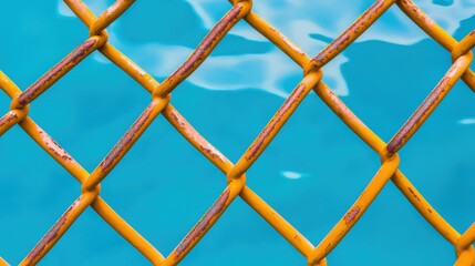 Fototapeta premium A private swimming pool visible beyond a rusted chain-link fence.