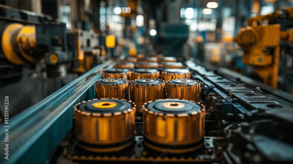 Poster a close-up view of industrial machinery with metallic components in a factory setting.