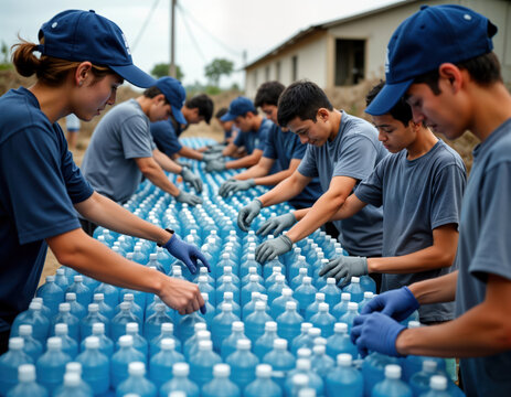 Many volunteers organize water bottles in disaster area. Teamwork, compassion evident as organize large supply for people affected by disaster. Work diligently, quickly to distribute crucial