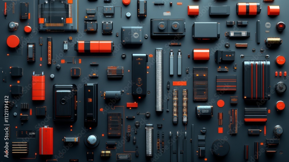 Poster a collection of various tech components arranged in a visually striking pattern.