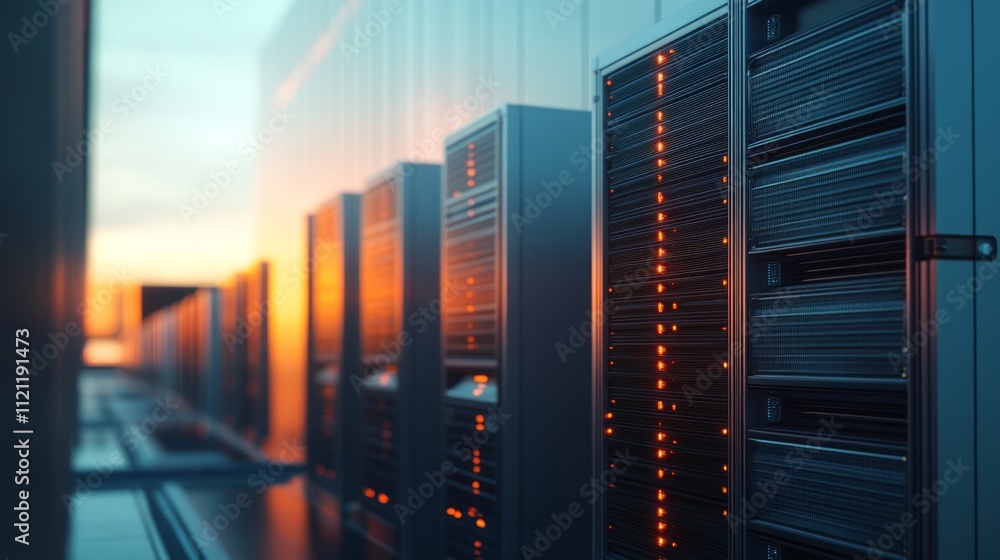 Poster a data center with server racks illuminated by warm lights at sunset.
