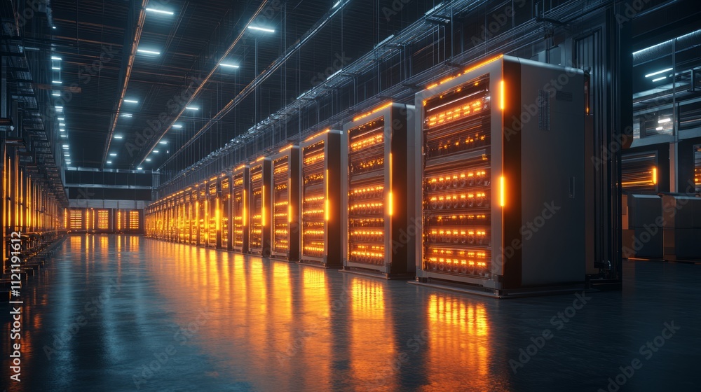 Aufkleber a dimly lit data center with illuminated server racks, showcasing technology and infrastructure.